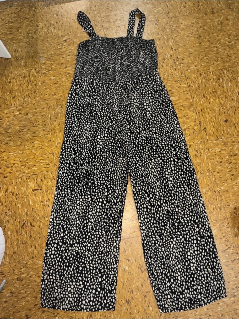 SHEIN Black & White Dotted Smocked Wide-Leg Jumpsuit